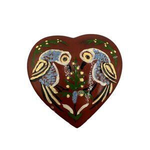 Hand-Painted Heart-Shaped Ceramic Trinket Box With Parrot Design